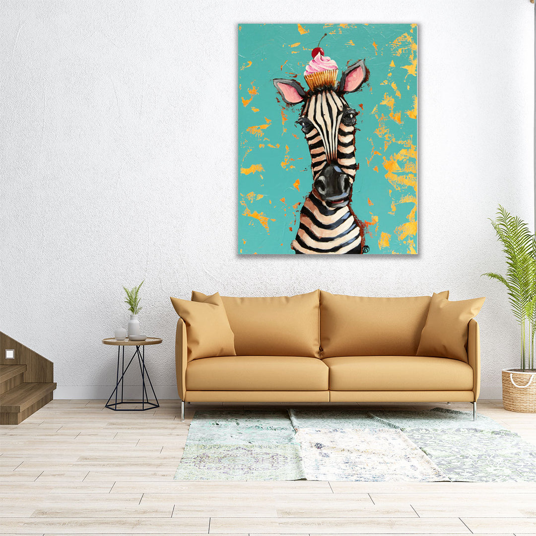 Zebra With Cherry Cupcake - Canvas Print Wall Art