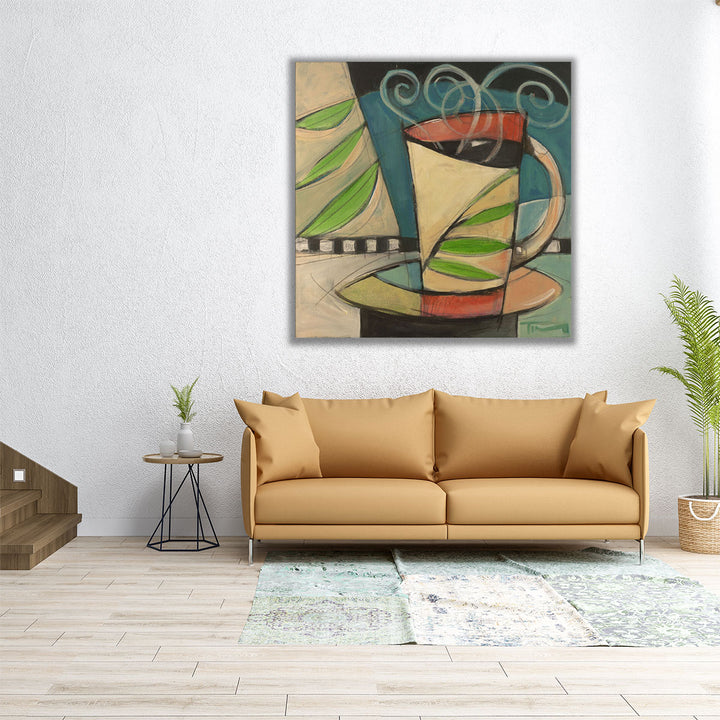 Coffee Cup With Leaves - Canvas Print Wall Art