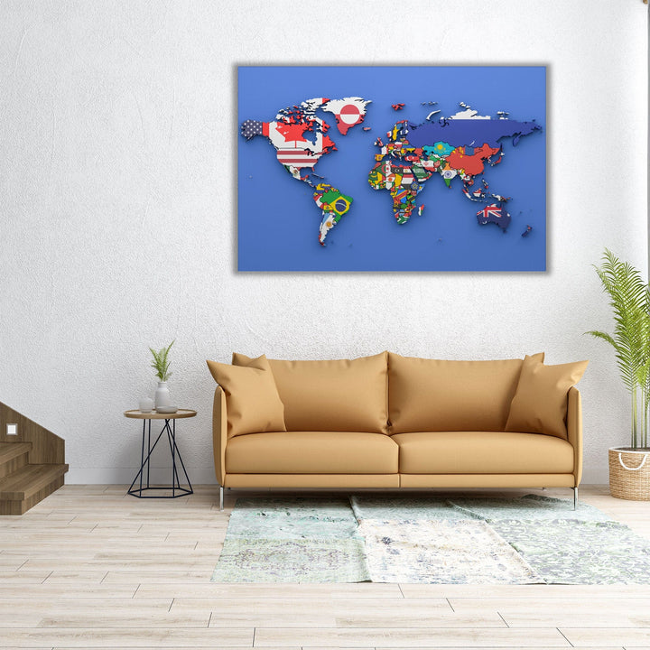 World Map With Country Flags - Canvas Print Wall Art