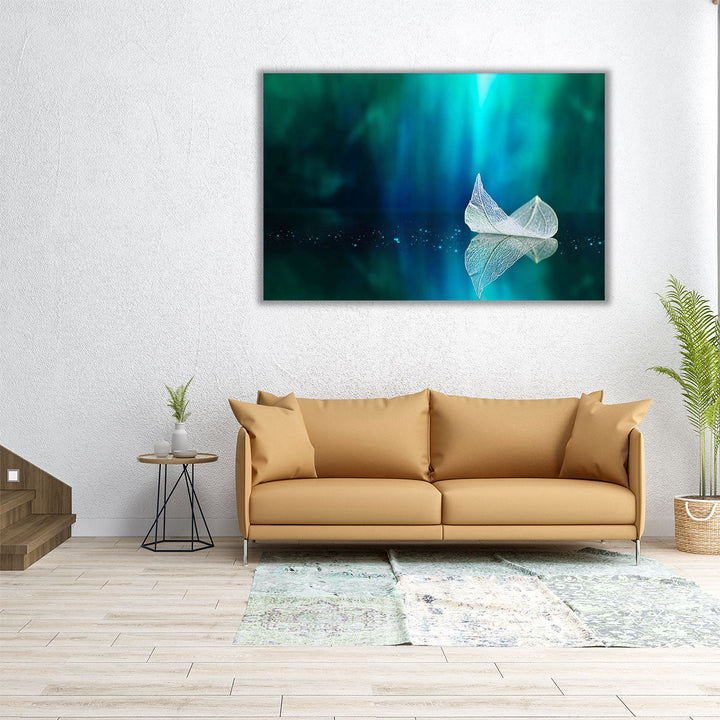 Refection of a Leaf With Turquoise Background - Canvas Print Wall Art