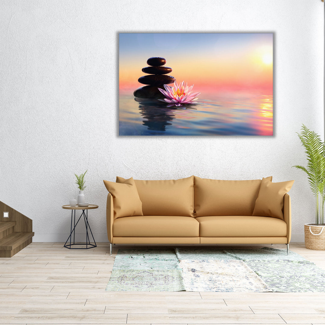 Zen Concept - Spa Stones And Waterlily In A Lake At Sunset - Canvas Print Wall Art