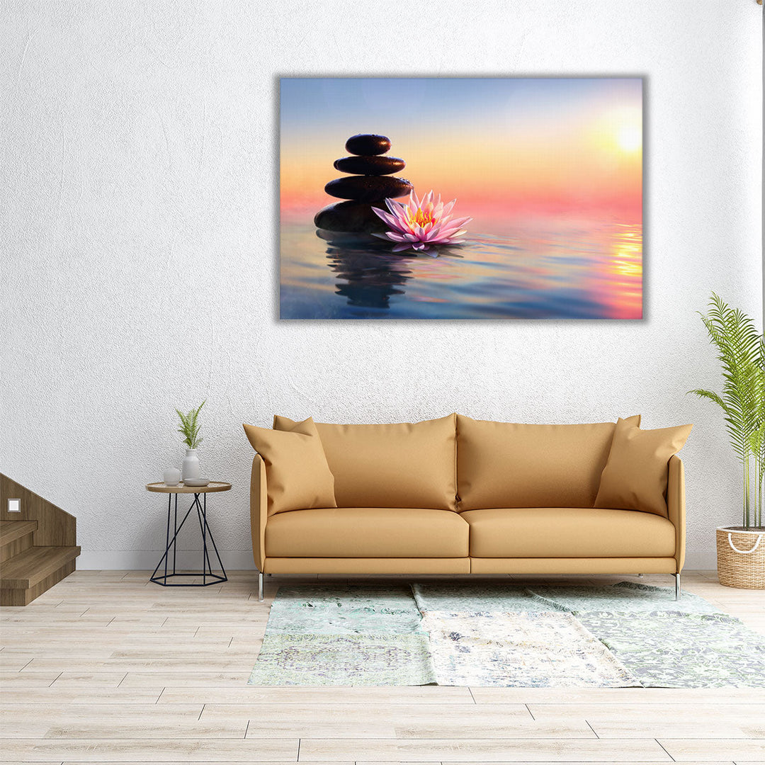 Zen Concept - Spa Stones And Waterlily In A Lake At Sunset - Canvas Print Wall Art