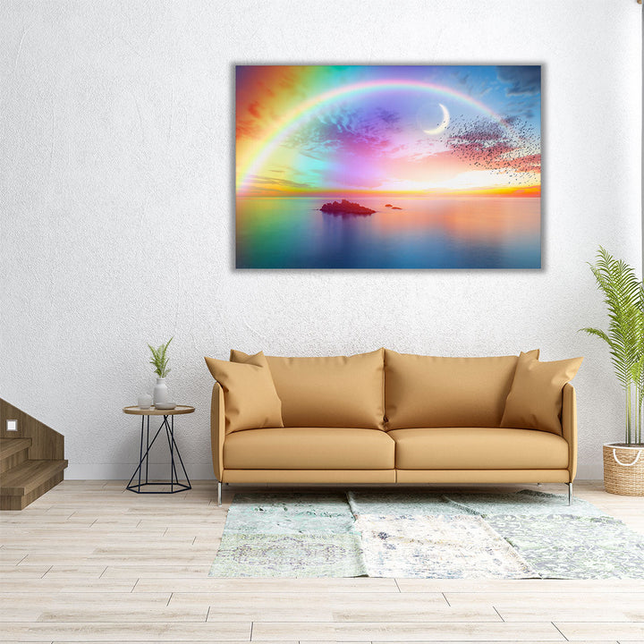 Beautiful Landscape With Rainbow, Sea and Birds - Canvas Print Wall Art