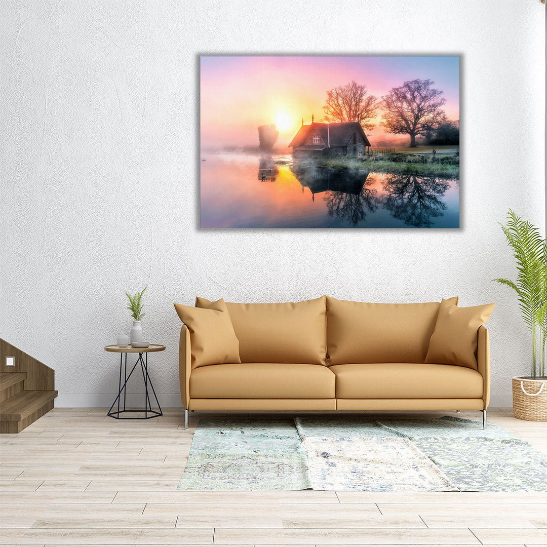 Foggy Lake House in Early Morning During Sunrise - Canvas Print Wall Art