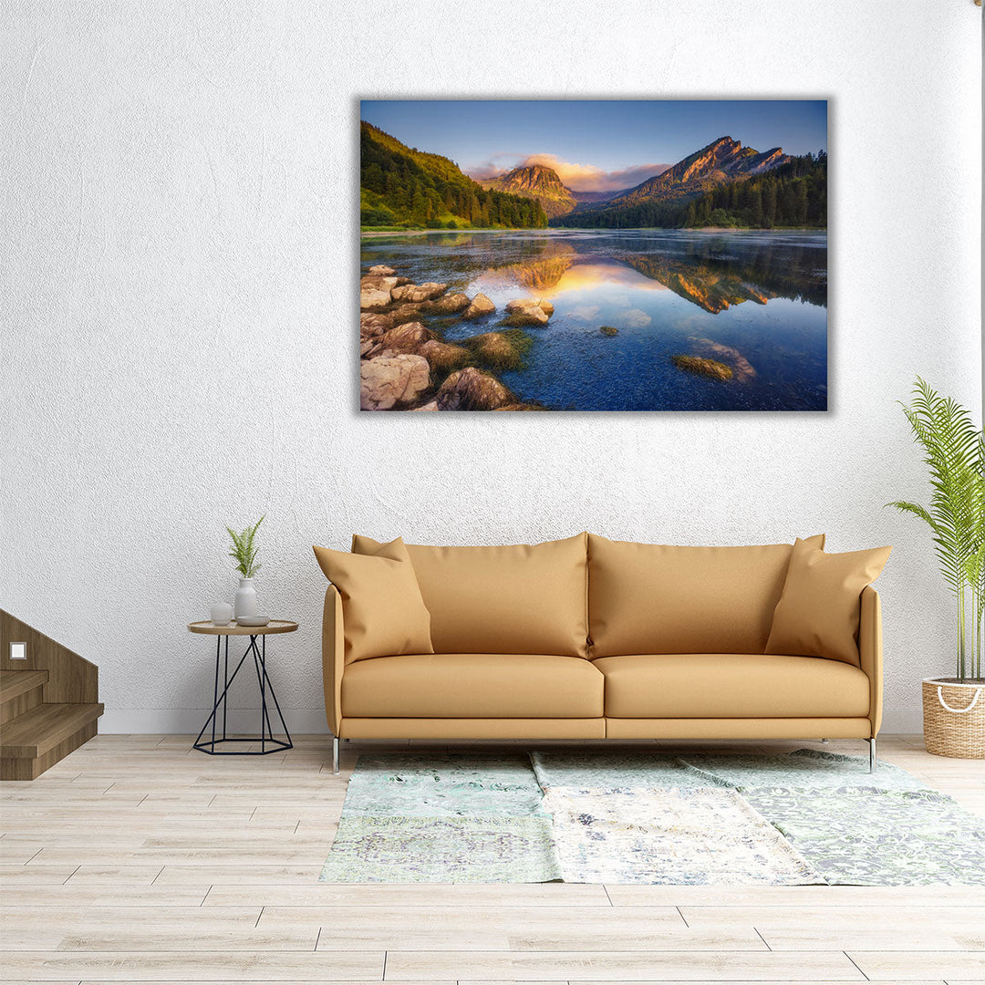 Sunset at Turquoise Lake Obersee, Swiss Alps, Europe - Canvas Print Wall Art