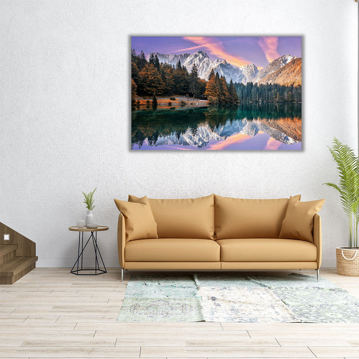 Autumn Landscape During Sunset At The Fusine Lake - Canvas Print Wall Art