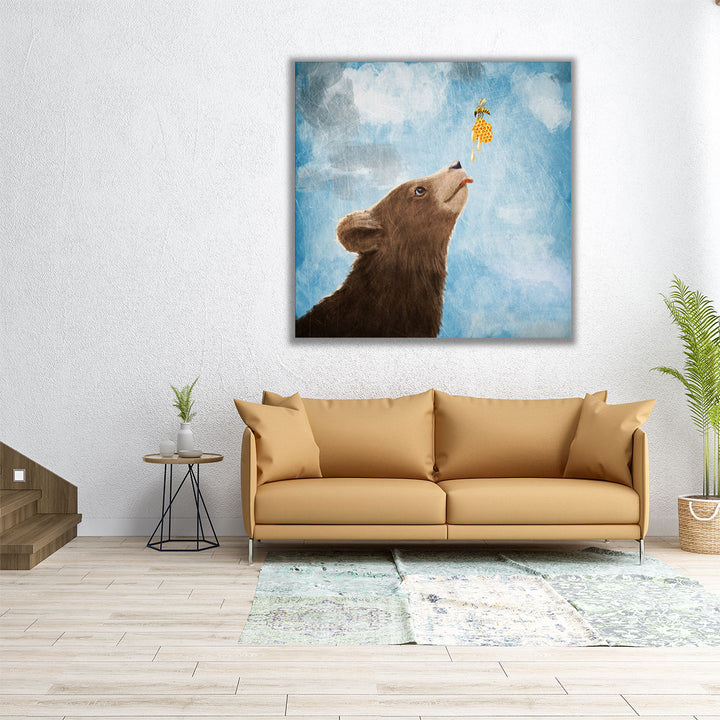 Bear Cub and Bee with Honeycomb - Canvas Print Wall Art