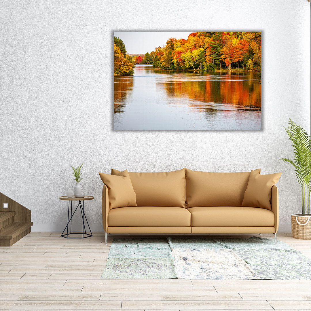 Colorful Autumn Trees Reflecting off of the Wisconsin River in Merrill - Canvas Print Wall Art