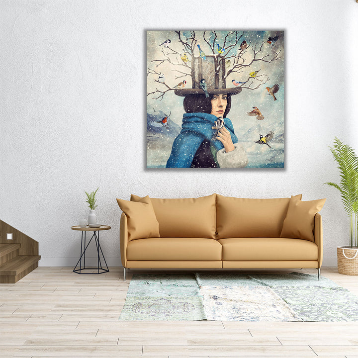 The Lady With The Bird Feeder Hat - Canvas Print Wall Art
