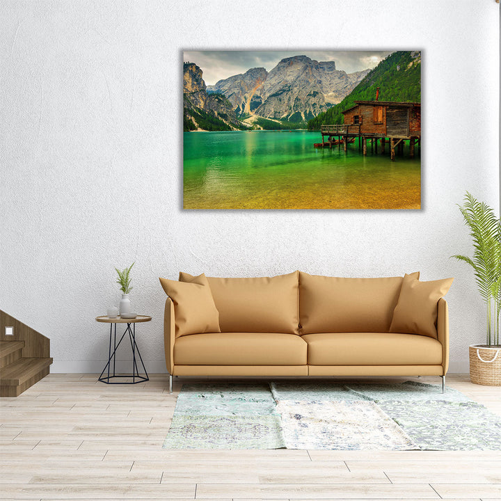 Hut on Braies Lake in Dolomiti Mountains, Sudtirol, Italy - Canvas Print Wall Art