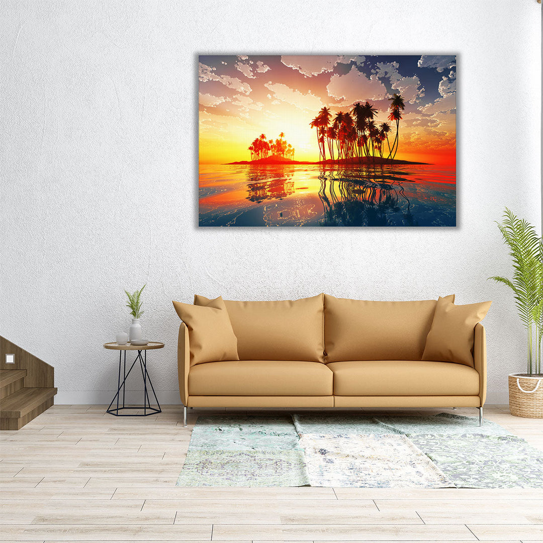 Magic Sunset in Clouds Over Coconut Tropic Island - Canvas Print Wall Art