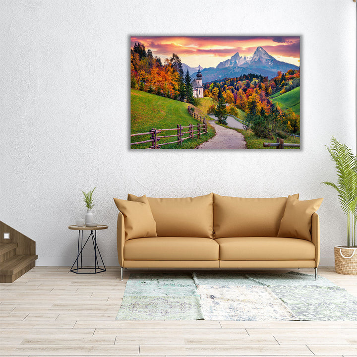 Maria Gern Church in Bavaria, Hochkalter Peak, Evening Landscape - Canvas Print Wall Art