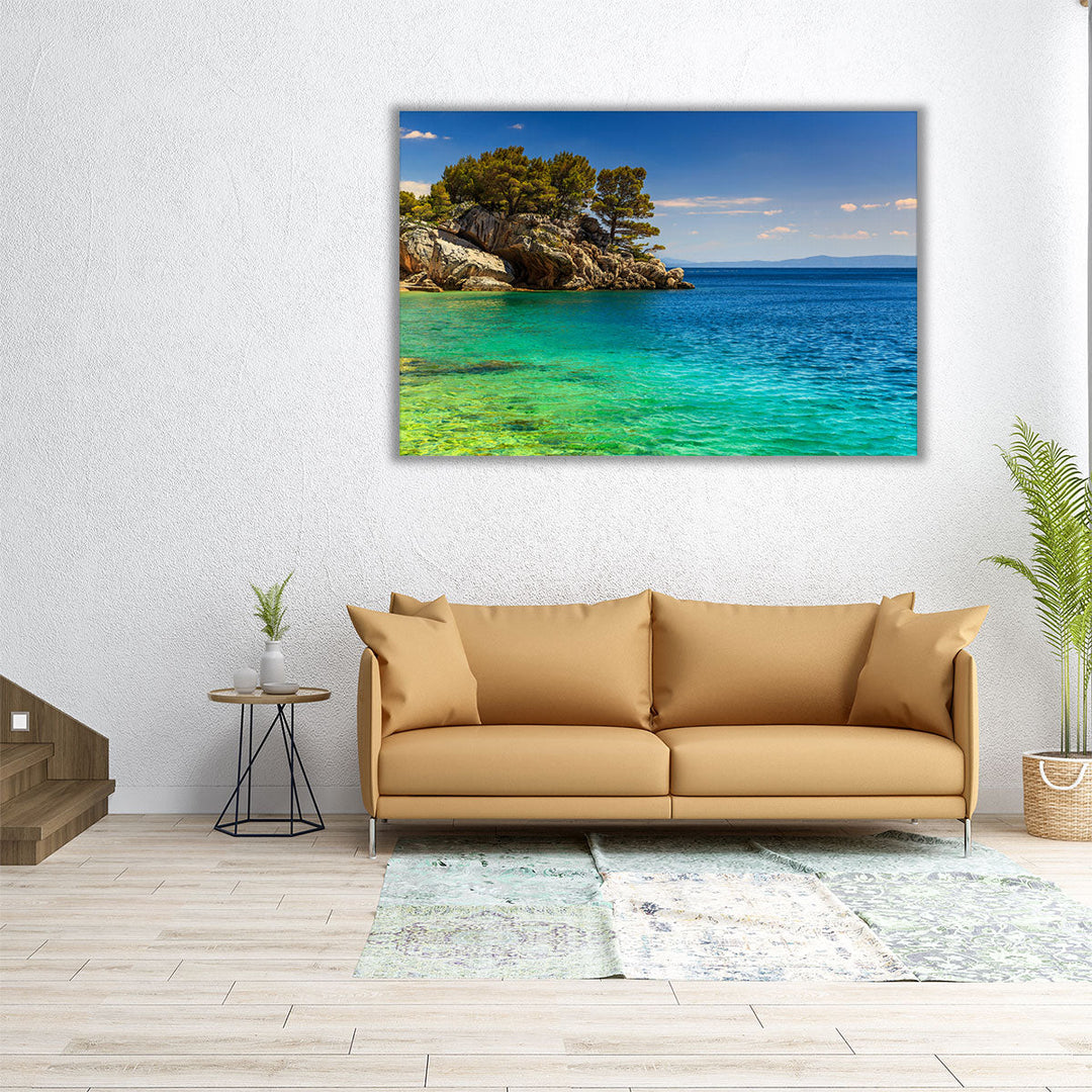 Stunning Landscape With Rocky Island and Clean Water on the Beach - Canvas Print Wall Art