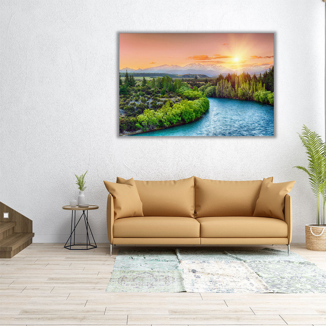 Sunset Over The Bend Of The River Clutha, Alps Peaks - Canvas Print Wall Art