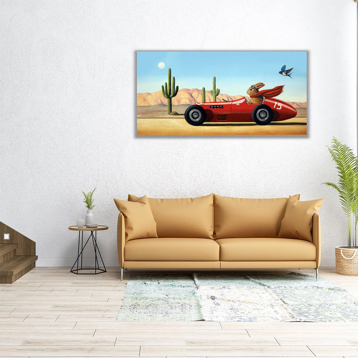 60x30 canvas of rabbit driving through desert