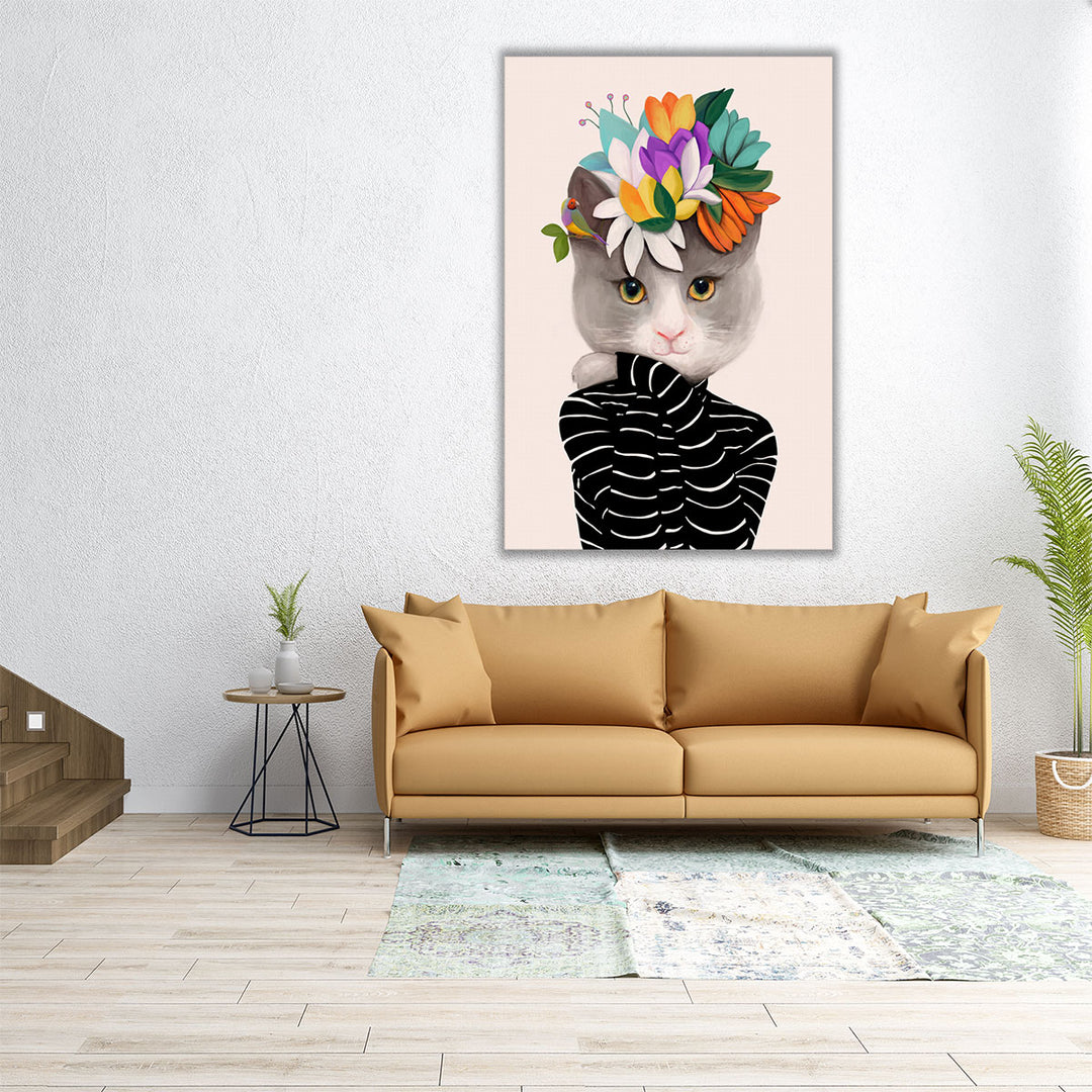 Cat With Flowers And Finch - Canvas Print Wall Art