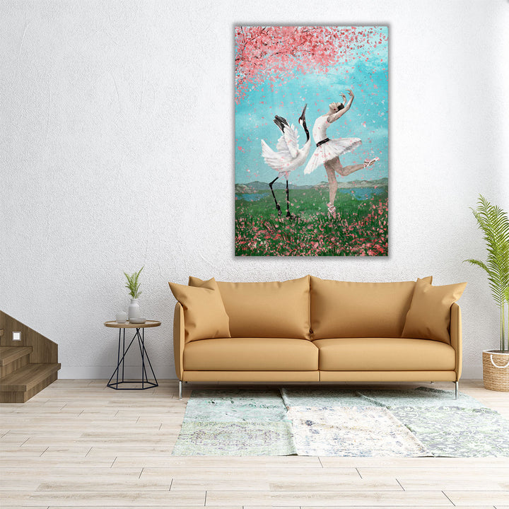 40x60 ballerina and bird canvas under pink trees