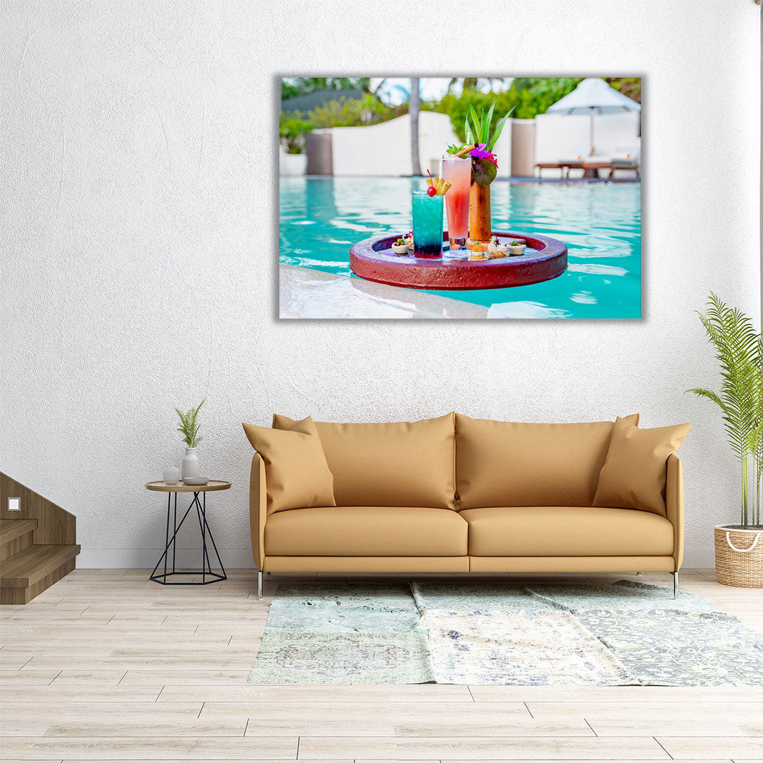 Floating Tray in Swimming Pool With Cocktails and Snacks - Canvas Print Wall Art