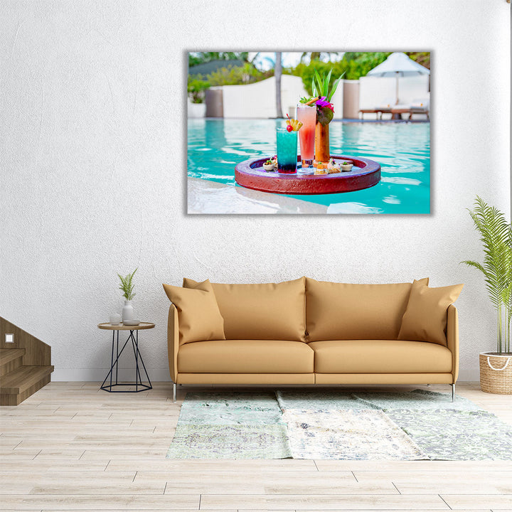 Floating Tray in Swimming Pool With Cocktails and Snacks - Canvas Print Wall Art