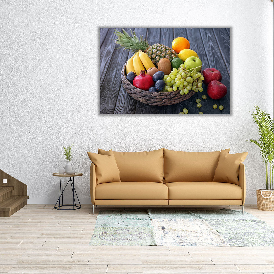 Fresh Fruits Basket On Wooden Table - Canvas Print Wall Art