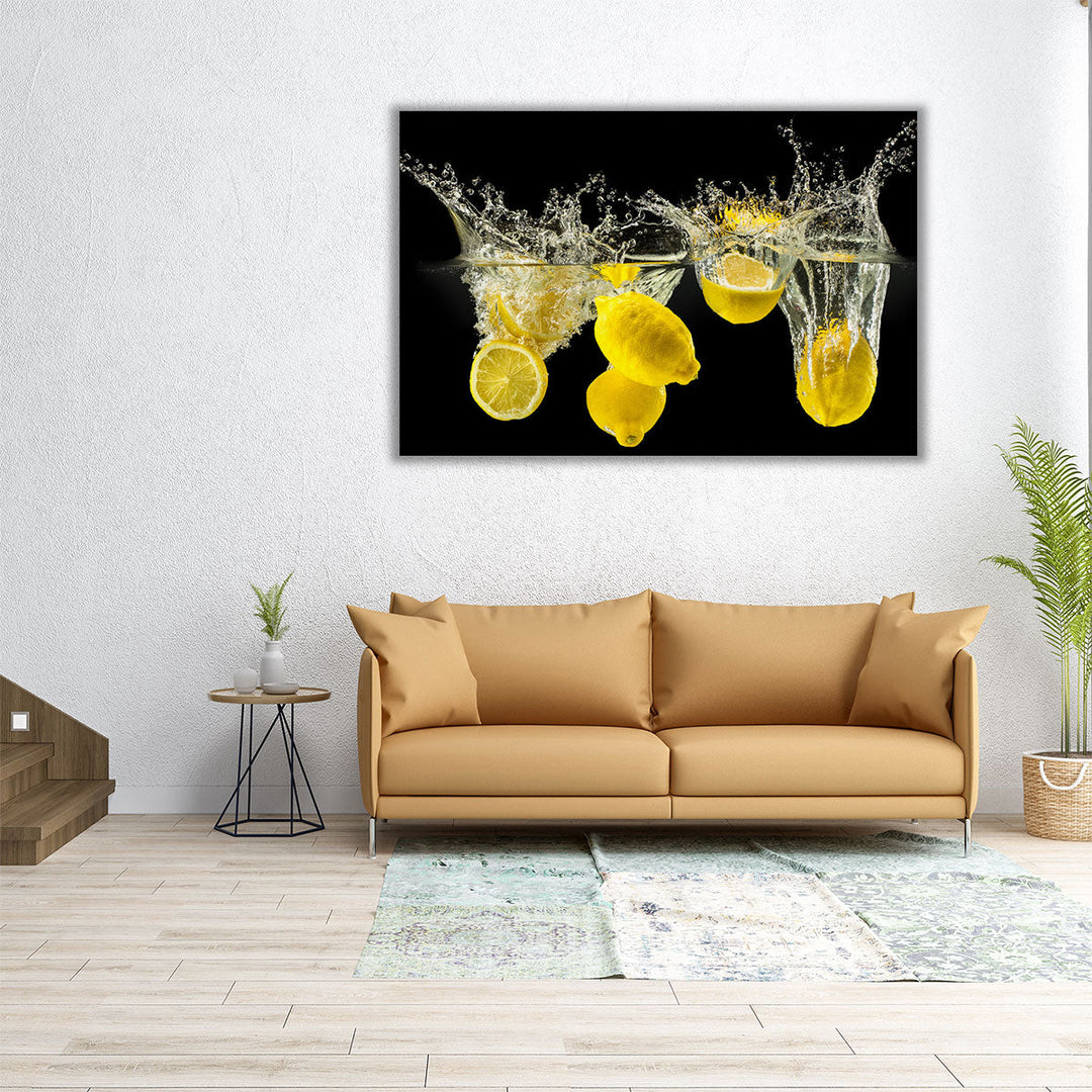 Fresh Lemons Falling in Water - Canvas Print Wall Art