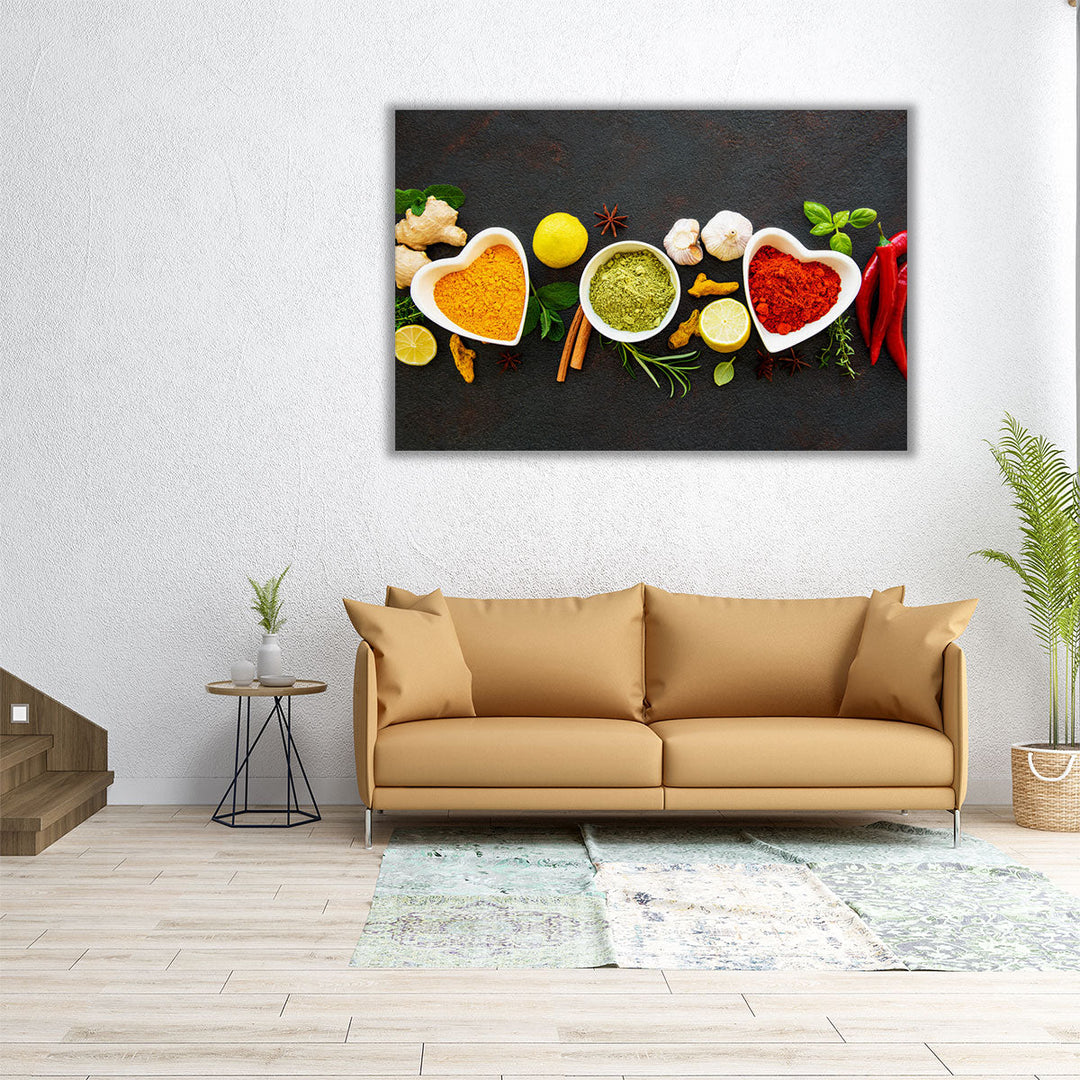 Various Herbs and Spices in Bowls, Kitchen Decor, Restaurant Art - Canvas Print Wall Art