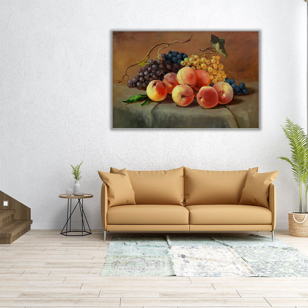 Ripe Juicy Peaches and Grapes on the Table Oil Painting Print - Canvas Print Wall Art