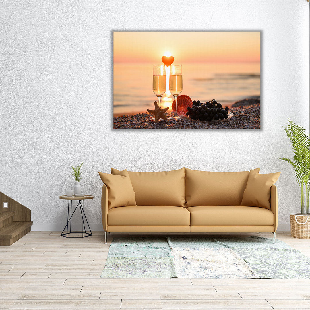 Romantic Atmosphere at Sunset By The Sea, Grapes, Wine and a Heart - Canvas Print Wall Art