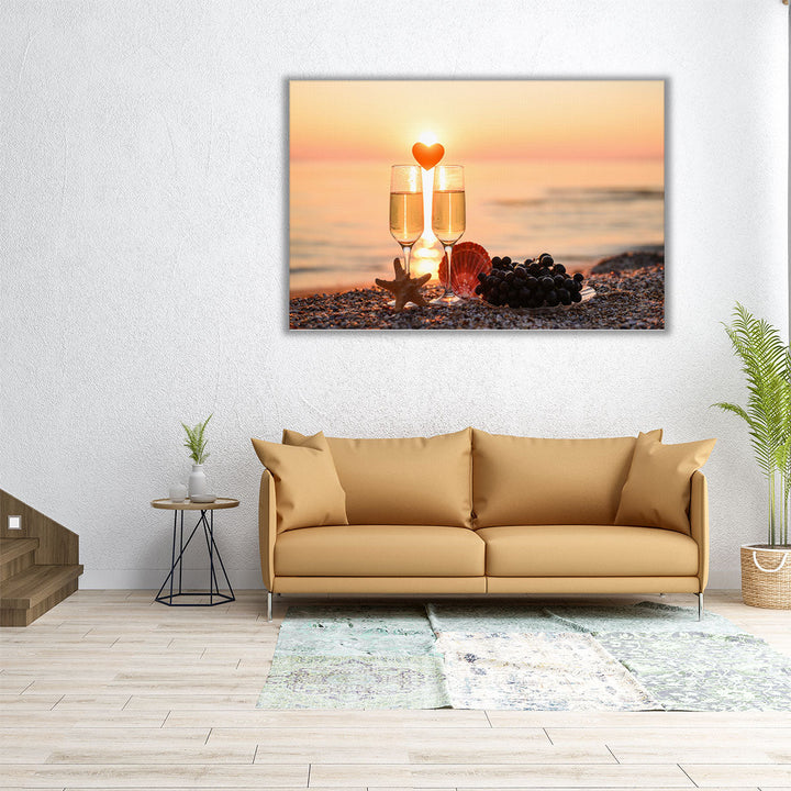 Romantic Atmosphere at Sunset By The Sea, Grapes, Wine and a Heart - Canvas Print Wall Art