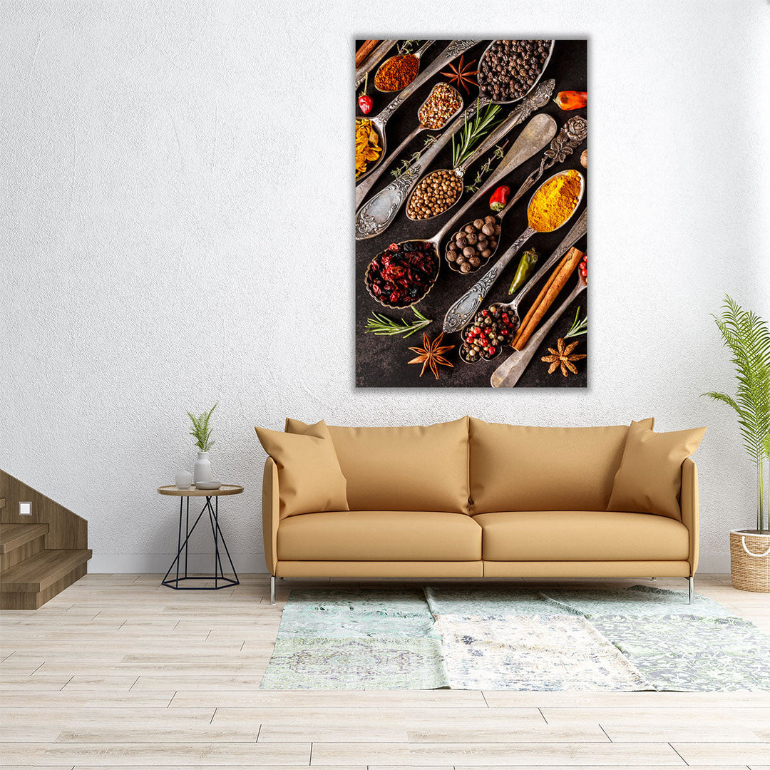 Various Herbs and Spices in Vintage Spoons Kitchen Decor, Restaurant Art - Canvas Print Wall Art