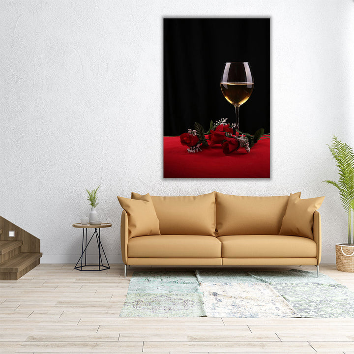 Roses and a Glass Of Wine - Canvas Print Wall Art