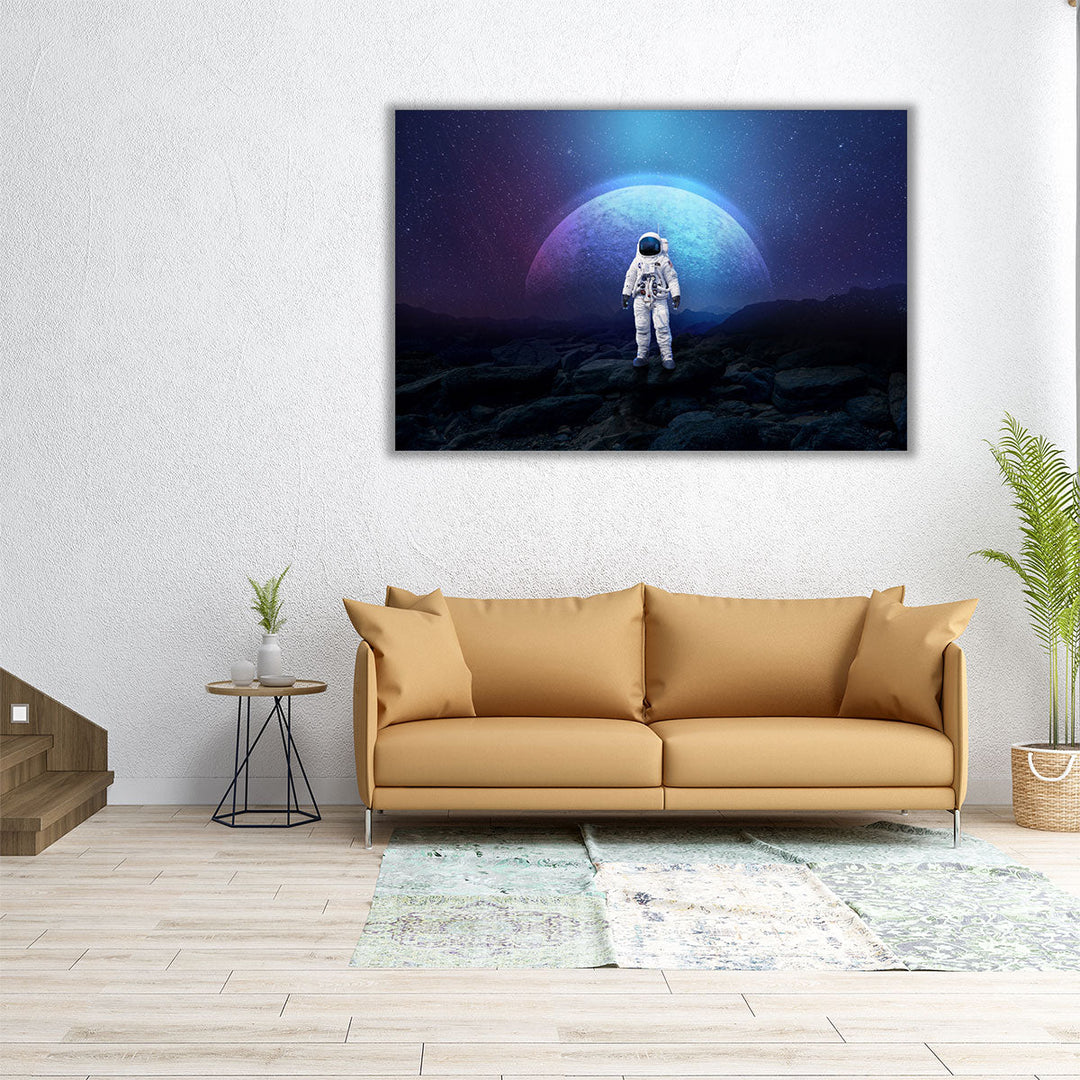 Astronaut On The Rock Surface With Space Background - Canvas Print Wall Art