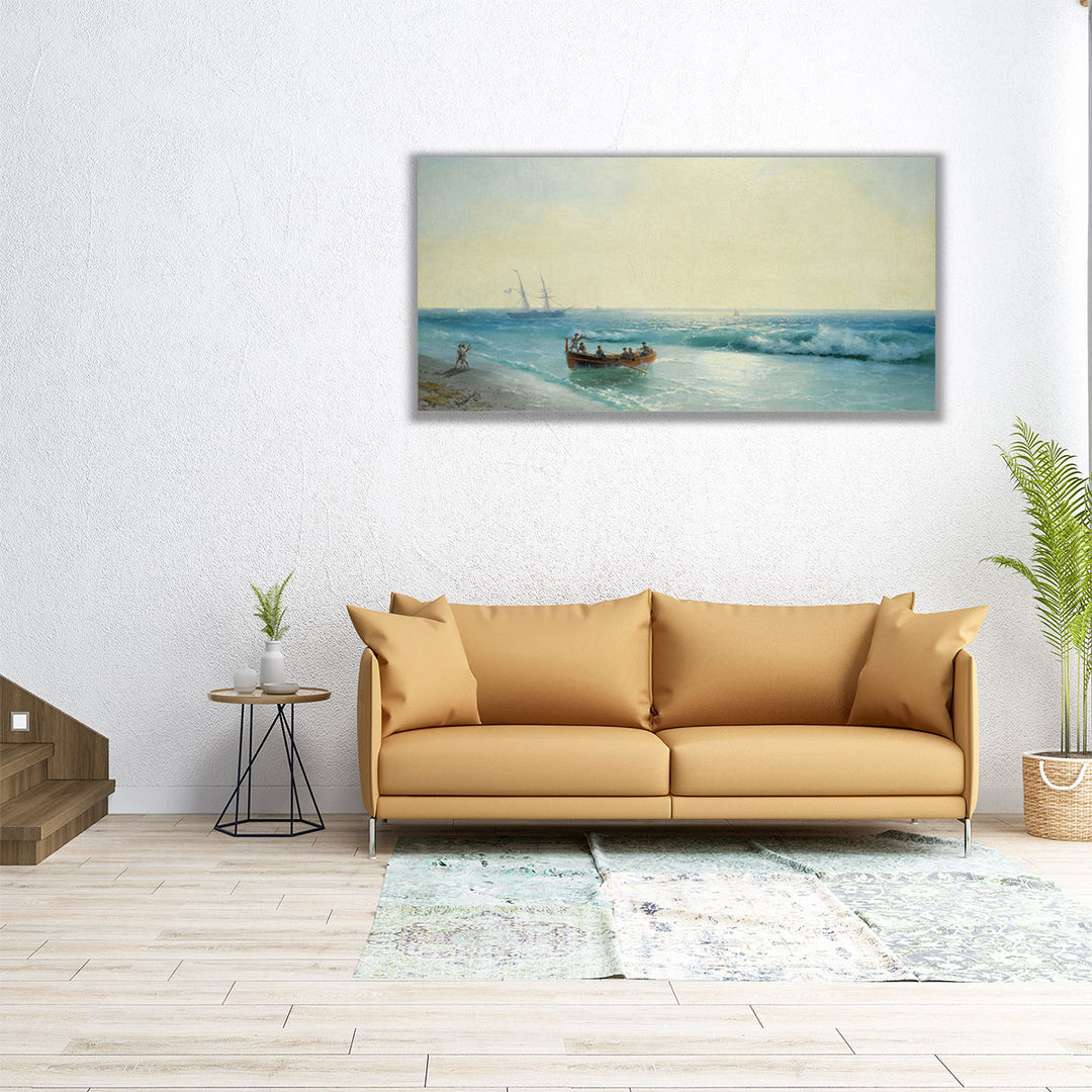 elongated coastal art – blue and neutral tones