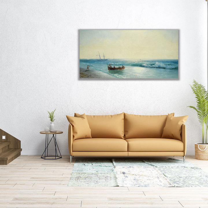 elongated coastal art – blue and neutral tones