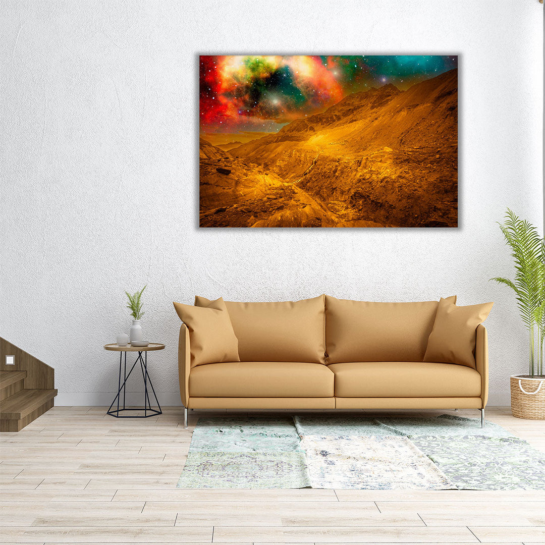 Mountains With Golden Outer Space Background - Canvas Print Wall Art