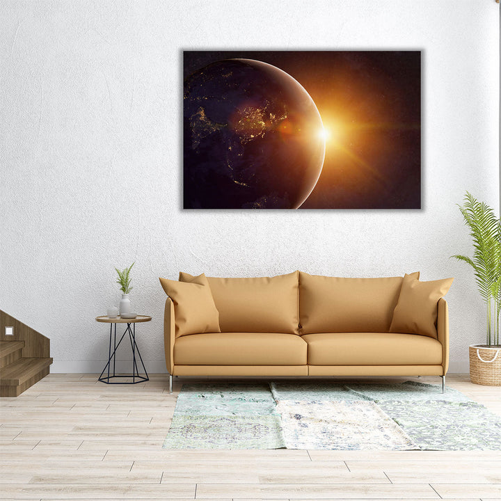 Our Earth in Cosmos and Bright Sun - Canvas Print Wall Art