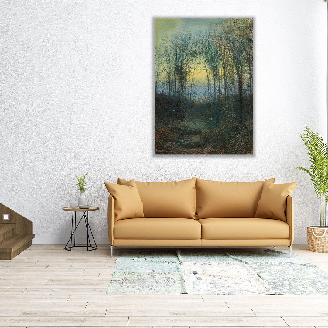 Tranquil landscape canvas featuring trees and sunset