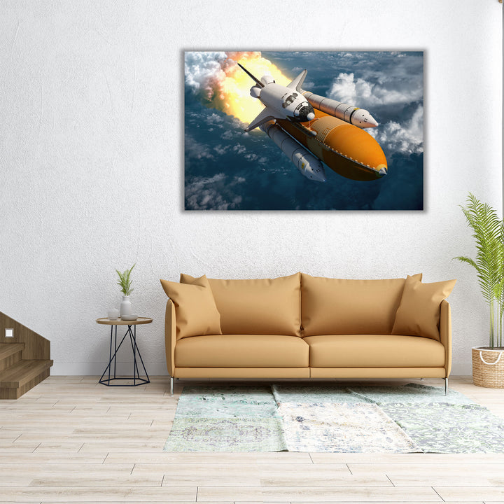 Space Shuttle Flying Over The Clouds - Canvas Print Wall Art
