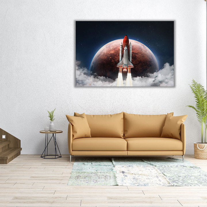 Spaceship in the Outer Space on The Orbit of Mars Planet - Canvas Print Wall Art