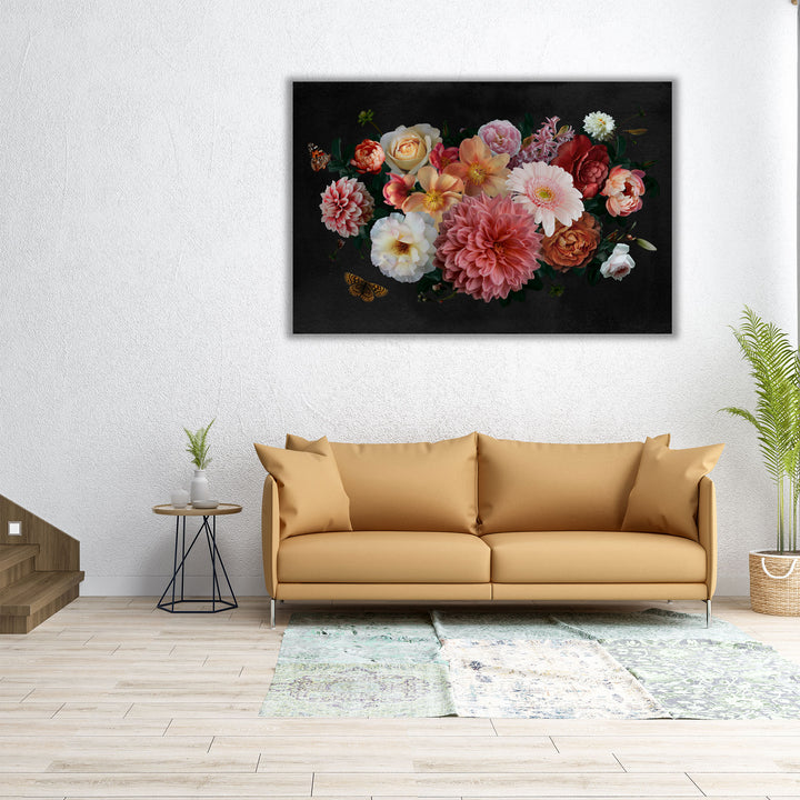 Beautiful Colorful Peonies, Roses, Leaves and Butterfly - Canvas Print Wall Art
