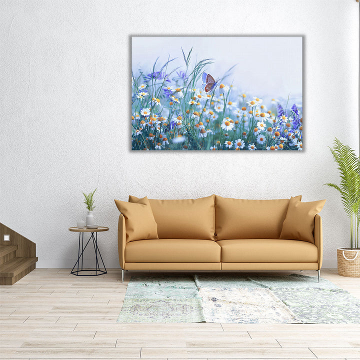 Chamomile, Purple Wild Peas, Butterfly in Morning Haze - Canvas Print Wall Art