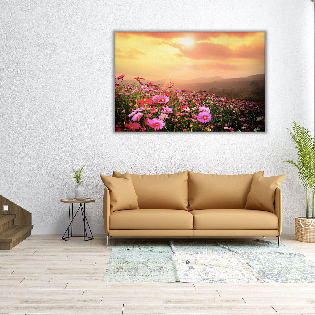 Mountain Landscape with Pink Cosmos Flowers at Sunset - Canvas Print Wall Art