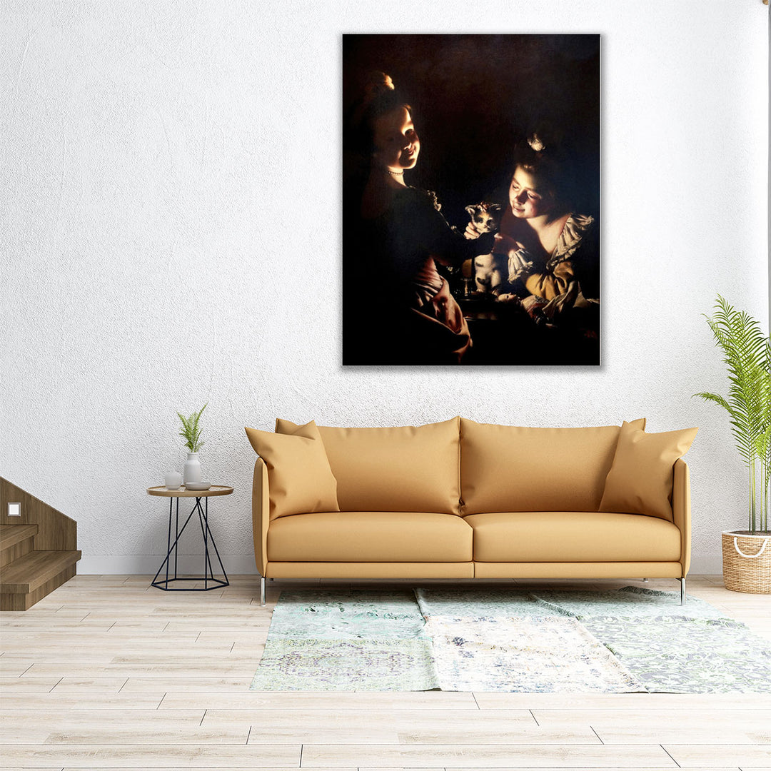 Two Girls Dressing a Kitten by Candlelight - Canvas Print Wall Art