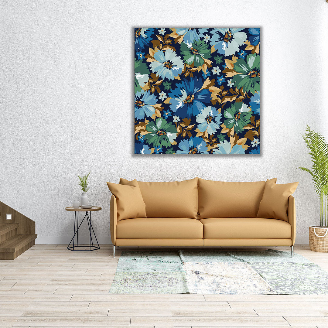 Blue and Green Flowers Blooming Meadow - Canvas Print Wall Art