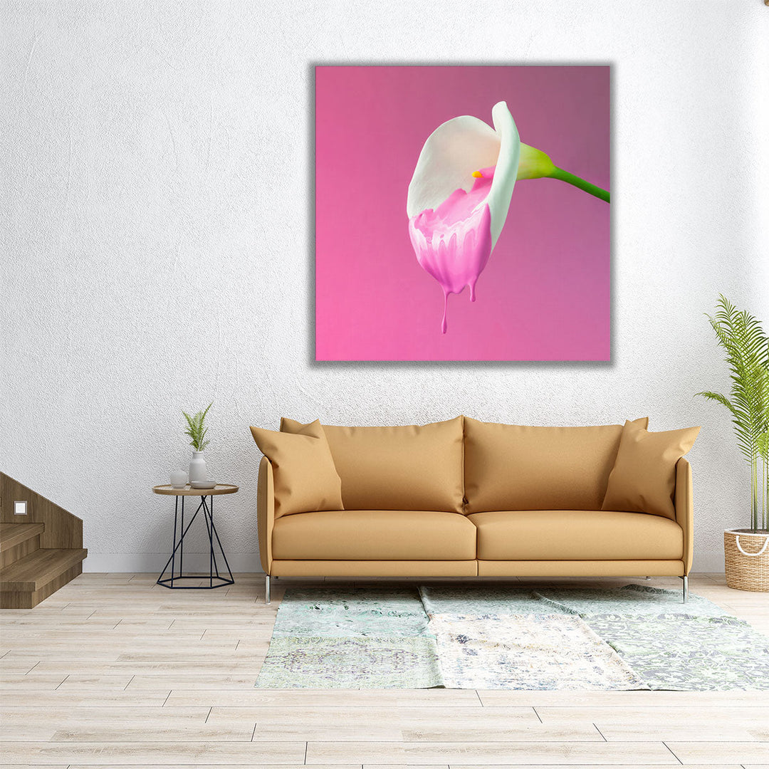 Calla Flower with Dripping Pink Paint - Canvas Print Wall Art