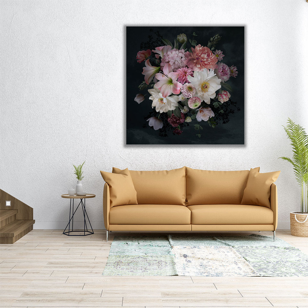 Pink and White Peonies, Roses, Tulips Bouquet On Dark Background - Canvas Print Wall Art