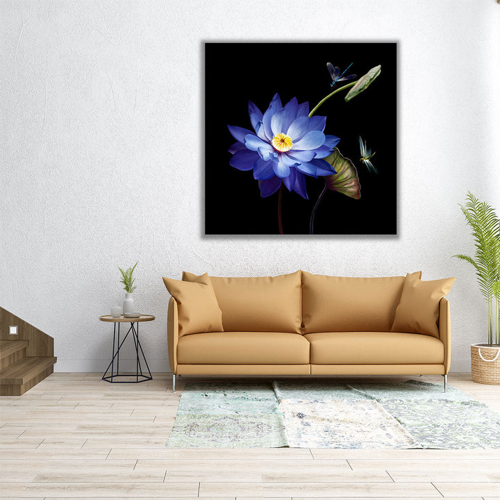 Purple Lotus Flower Close-up With Dradonflies - Canvas Print Wall Art