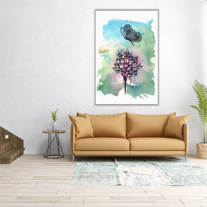 A Flower and A Butterfly, Watercolor Style - Canvas Print Wall Art