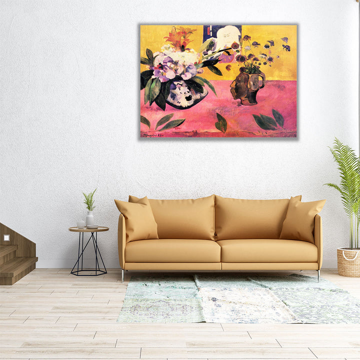 Still Life with Head Shaped Vase and Japanese Woodcut - Canvas Print Wall Art