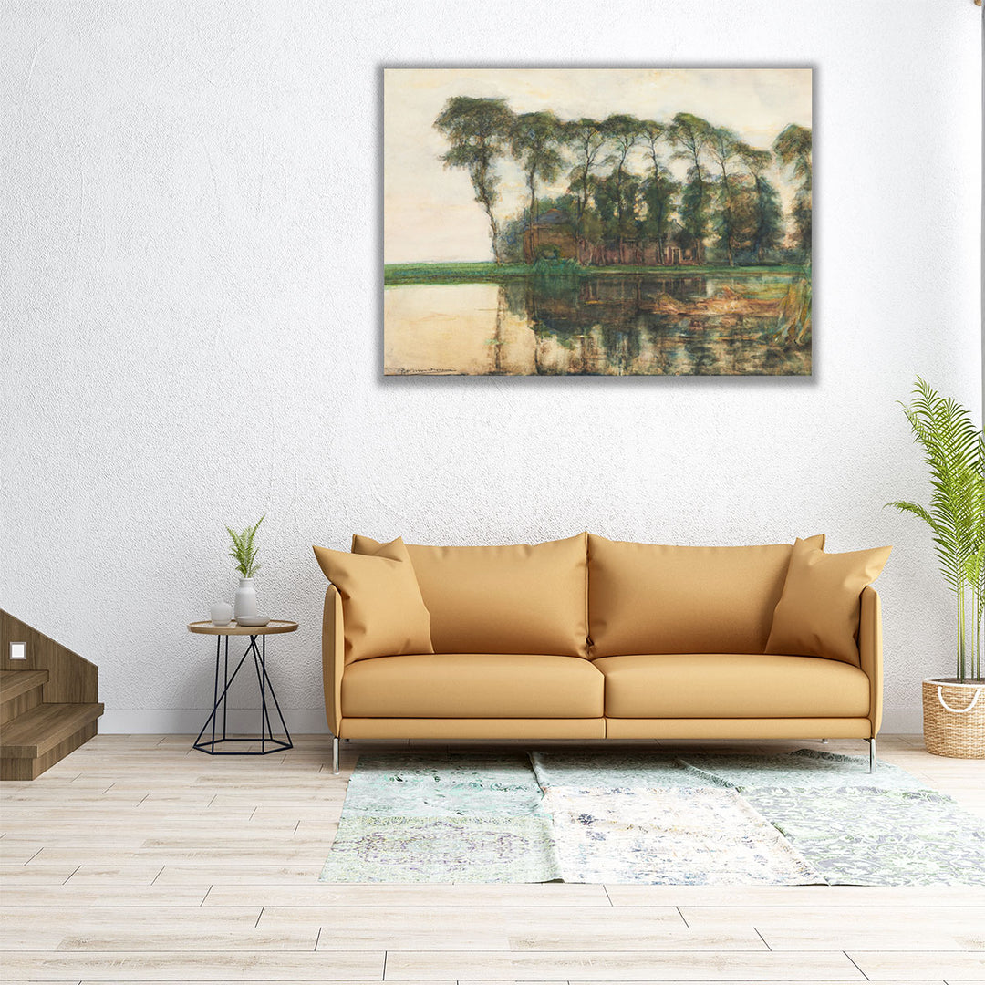 Farmstead along the Water Screened by Nine Tall Trees - Canvas Print Wall Art